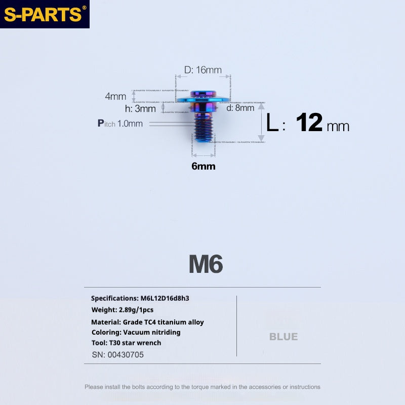 Tornillos de titanio azul M6 para cabezal de paraguas SPARTS A3 para motocicleta y automóvil