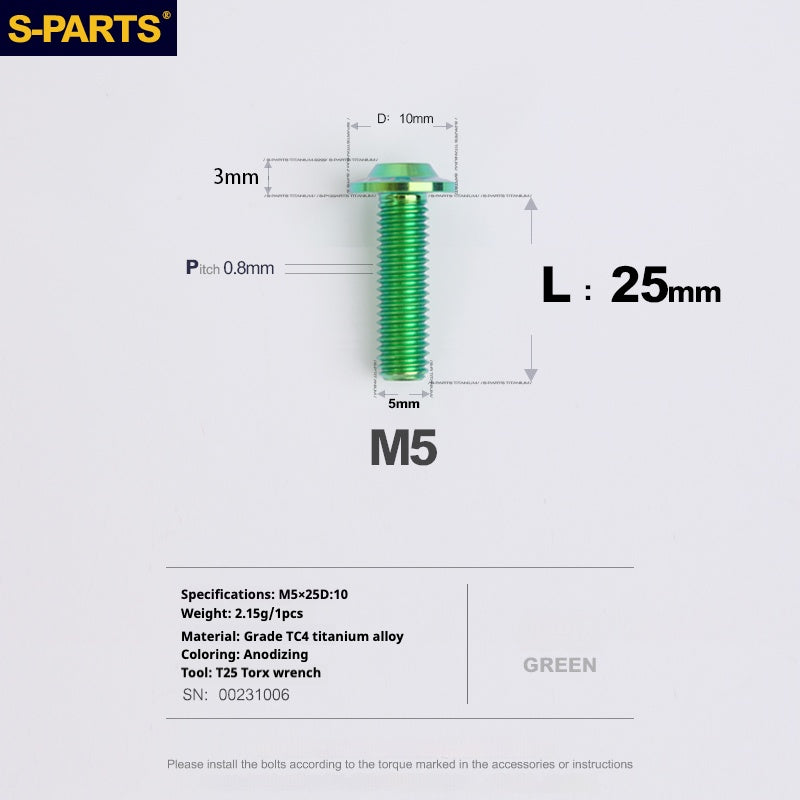 S-PARTS A3 Cabeza de paraguas M5 L06-55 mm D10 Tornillo de titanio para motocicleta y vehículo eléctrico