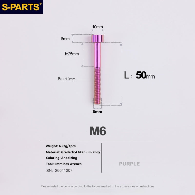 S-PARTS M6x30/40/35/50/60/70 Cubierta de dirección Pinza de freno de disco Tornillo de cabeza de vástago de aleación de titanio