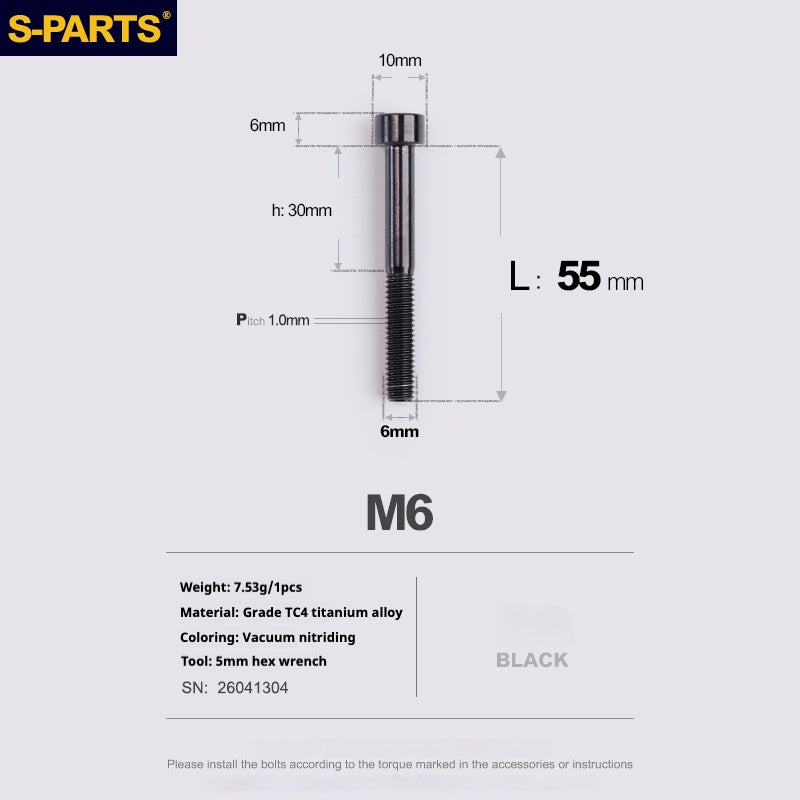 S-PARTS M6x30/40/35/50/60/70 Cubierta de dirección Pinza de freno de disco Tornillo de cabeza de vástago de aleación de titanio