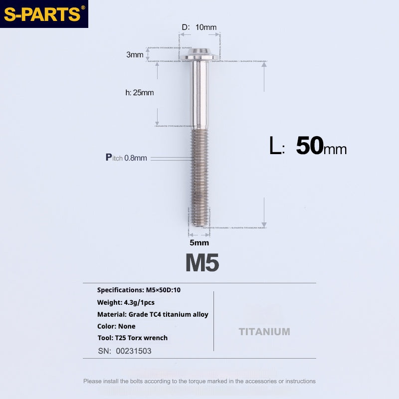 S-PARTS A3 Cabeza de paraguas M5 L06-55 mm D10 Tornillo de titanio para motocicleta y vehículo eléctrico
