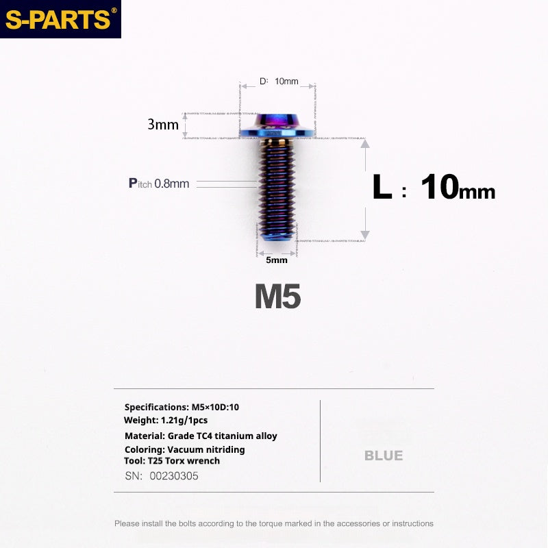 S-PARTS A3 Cabeza de paraguas M5 L06-55 mm D10 Tornillo de titanio para motocicleta y vehículo eléctrico