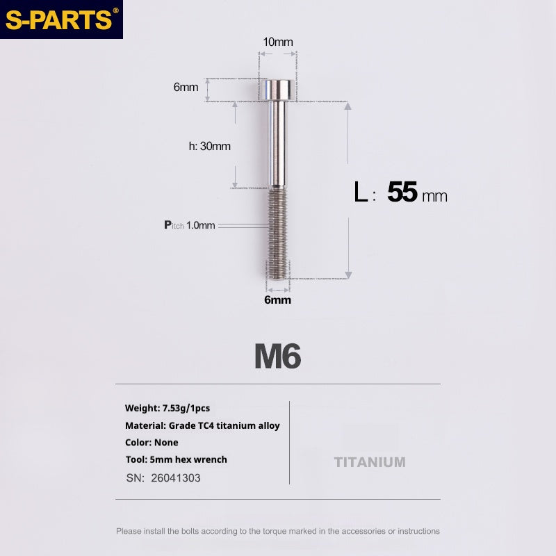 S-PARTS M6x30/40/35/50/60/70 Cubierta de dirección Pinza de freno de disco Tornillo de cabeza de vástago de aleación de titanio