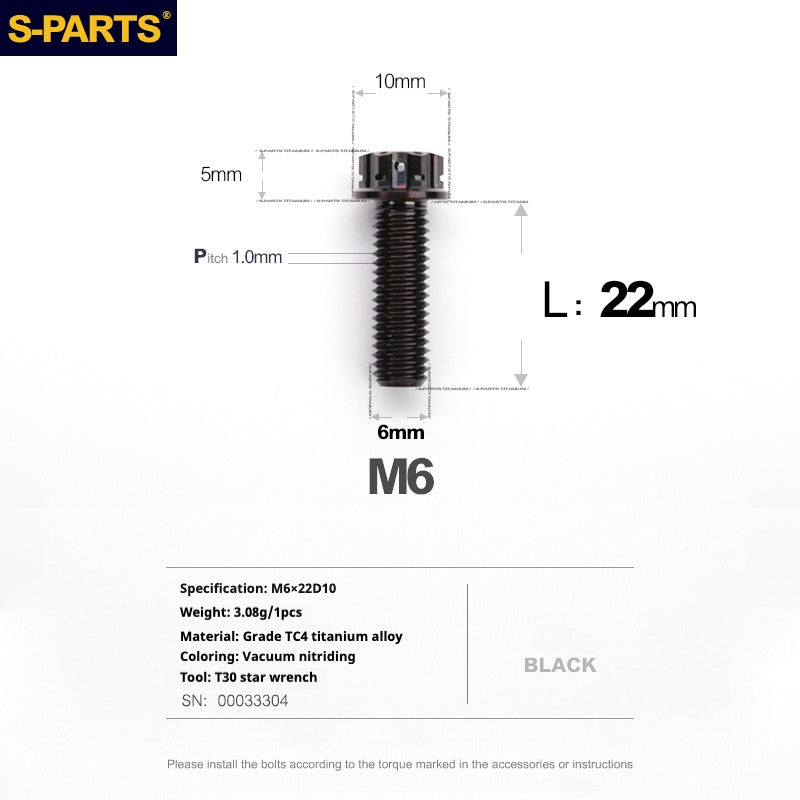 Tornillos de titanio negros SPARTS A3 Series M6 L08-120 mm para motocicletas y automóviles 