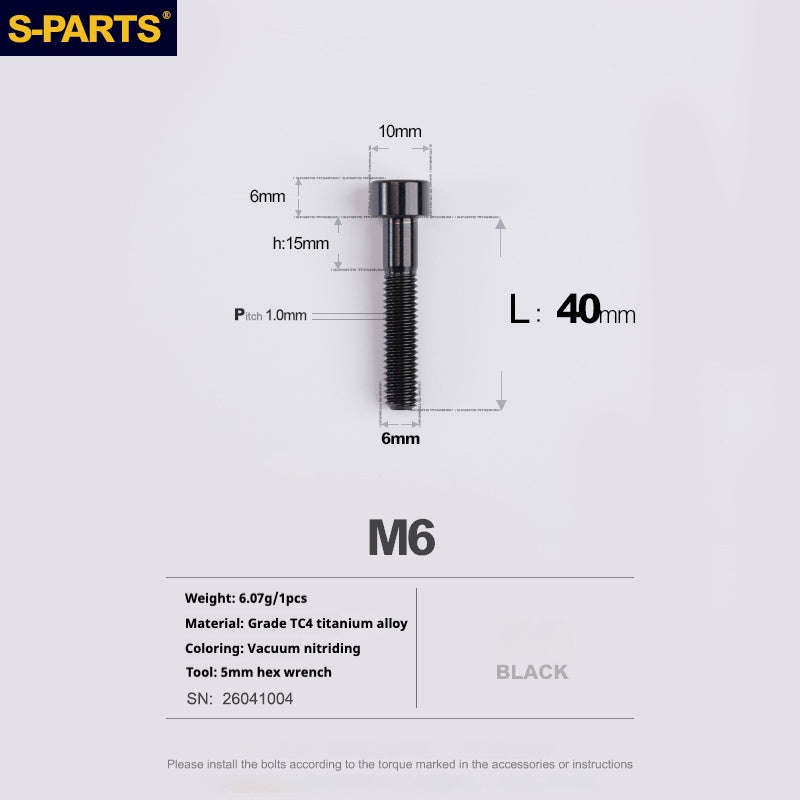 S-PARTS M6x30/40/35/50/60/70 Cubierta de dirección Pinza de freno de disco Tornillo de cabeza de vástago de aleación de titanio