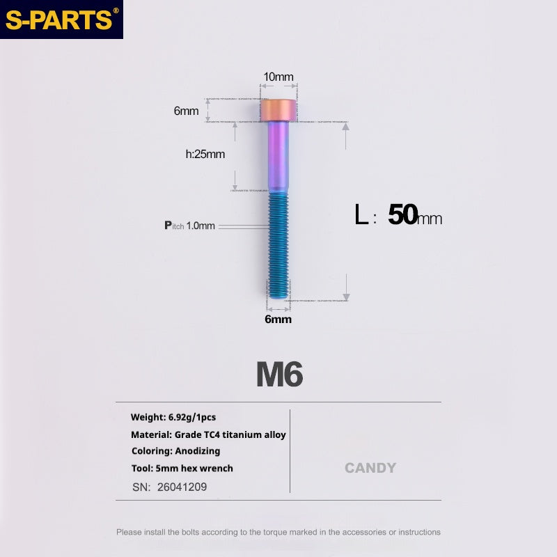 S-PARTS M6x30/40/35/50/60/70 Cubierta de dirección Pinza de freno de disco Tornillo de cabeza de vástago de aleación de titanio