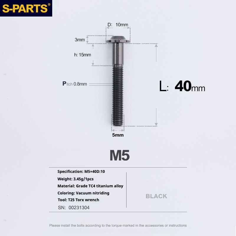 S-PARTS A3 Cabeza de paraguas M5 L06-55 mm D10 Tornillo de titanio para motocicleta y vehículo eléctrico