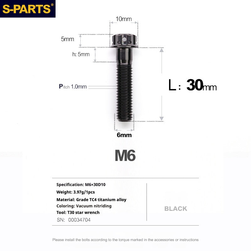 Tornillos de titanio negros SPARTS A3 Series M6 L08-120 mm para motocicletas y automóviles 