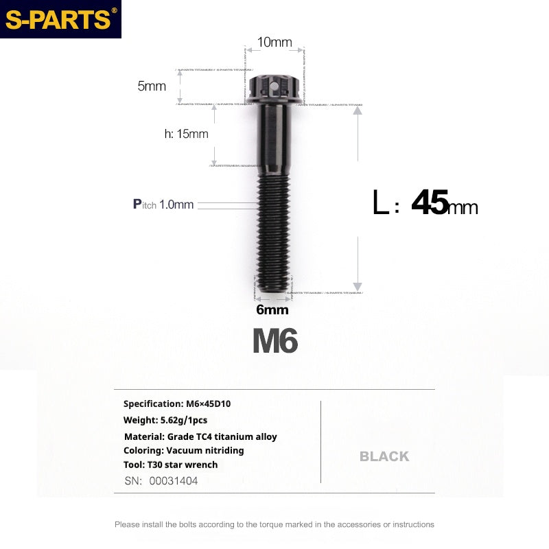 Tornillos de titanio negros SPARTS A3 Series M6 L08-120 mm para motocicletas y automóviles 