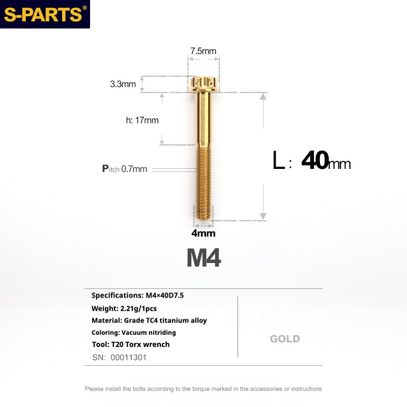 S-PARTS A3 Gold M4 Aleación de titanio Piezas estándar Tornillo para vehículo eléctrico Motocicleta Coche