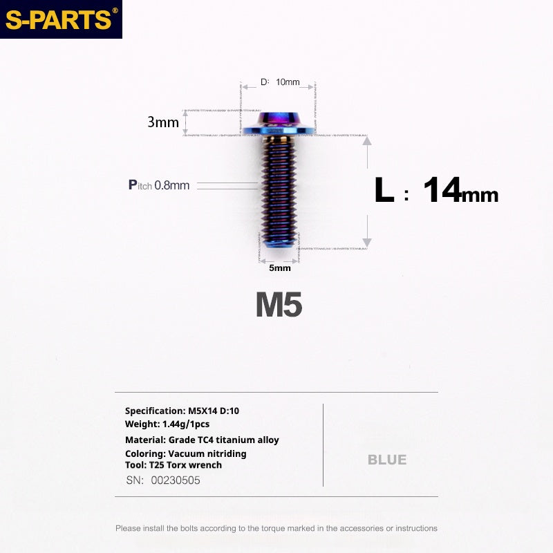 S-PARTS A3 Cabeza de paraguas M5 L06-55 mm D10 Tornillo de titanio para motocicleta y vehículo eléctrico