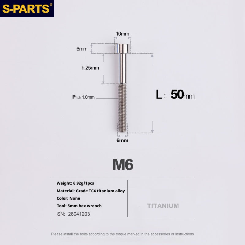 S-PARTS M6x30/40/35/50/60/70 Cubierta de dirección Pinza de freno de disco Tornillo de cabeza de vástago de aleación de titanio