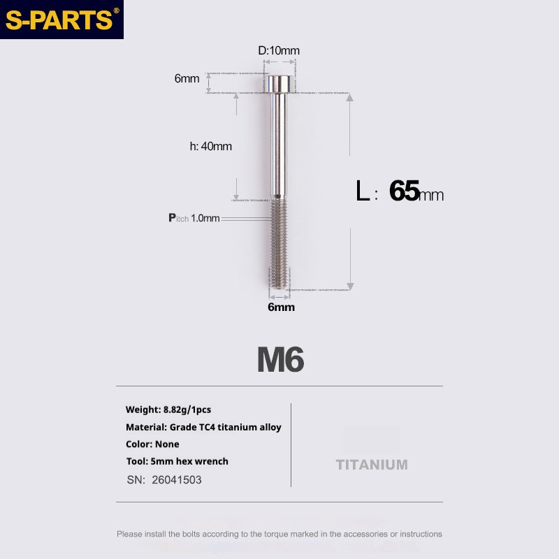 S-PARTS M6x30/40/35/50/60/70 Cubierta de dirección Pinza de freno de disco Tornillo de cabeza de vástago de aleación de titanio