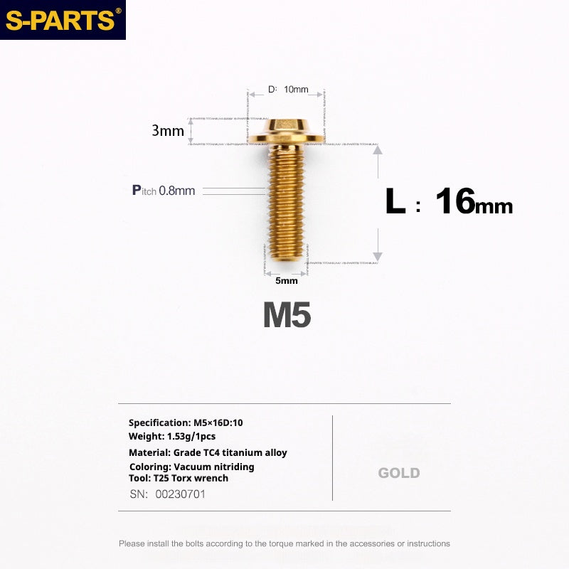 S-PARTS A3 Cabeza de paraguas M5 L06-55 mm D10 Tornillo de titanio para motocicleta y vehículo eléctrico