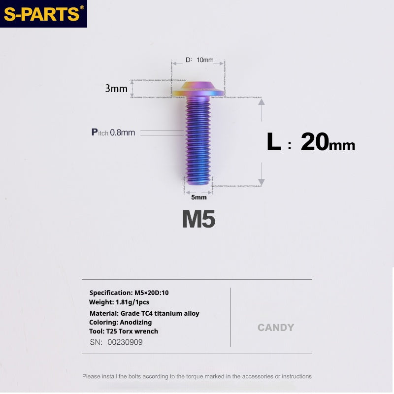 S-PARTS A3 Cabeza de paraguas M5 L06-55 mm D10 Tornillo de titanio para motocicleta y vehículo eléctrico