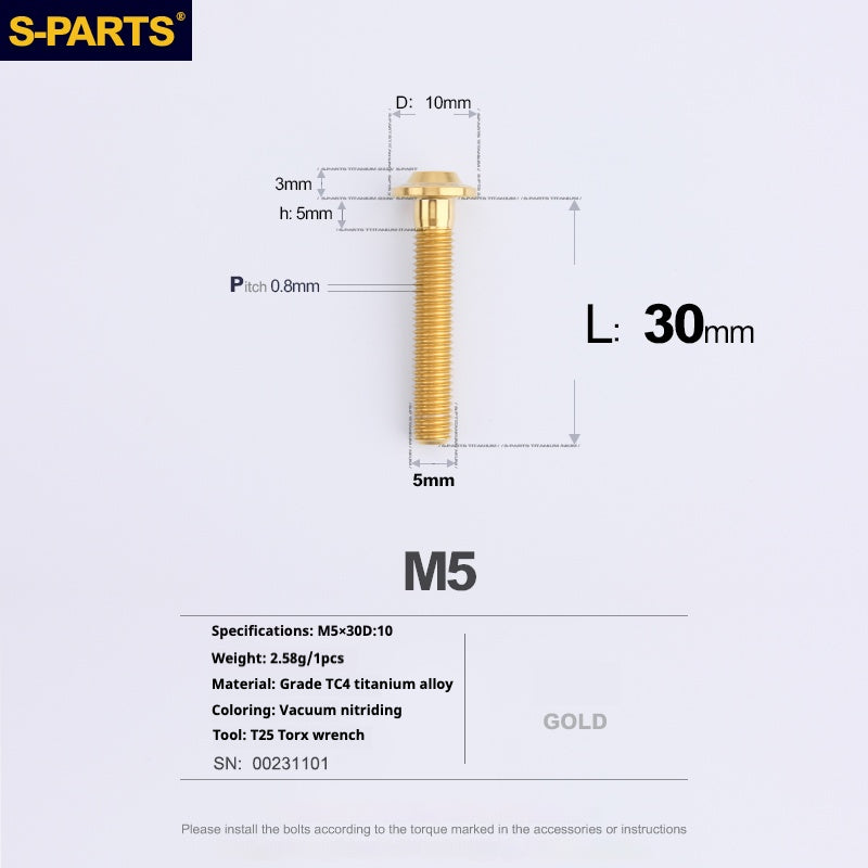 S-PARTS A3 Cabeza de paraguas M5 L06-55 mm D10 Tornillo de titanio para motocicleta y vehículo eléctrico