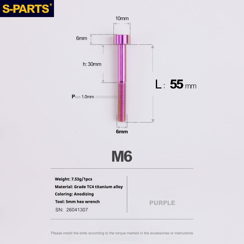 S-PARTS M6x30/40/35/50/60/70 Cubierta de dirección Pinza de freno de disco Tornillo de cabeza de vástago de aleación de titanio