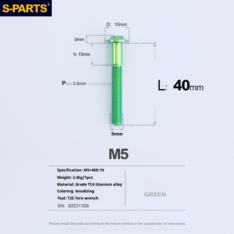 S-PARTS A3 Cabeza de paraguas M5 L06-55 mm D10 Tornillo de titanio para motocicleta y vehículo eléctrico