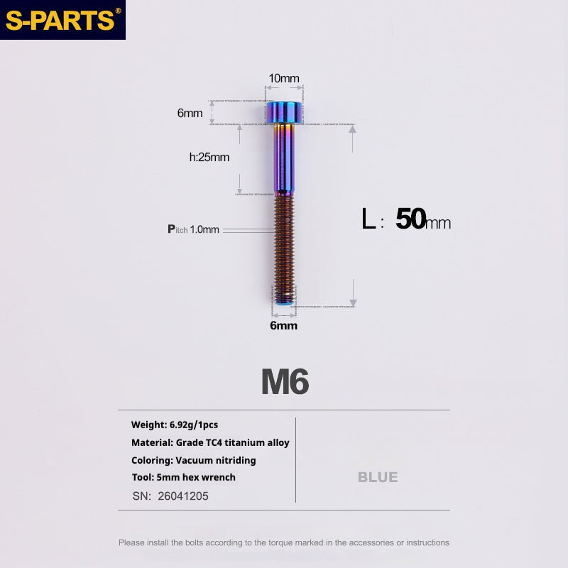 S-PARTS M6x30/40/35/50/60/70 Cubierta de dirección Pinza de freno de disco Tornillo de cabeza de vástago de aleación de titanio