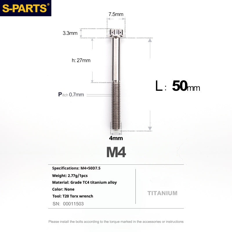 S-PARTS A3 Gold M4 Aleación de titanio Piezas estándar Tornillo para vehículo eléctrico Motocicleta Coche