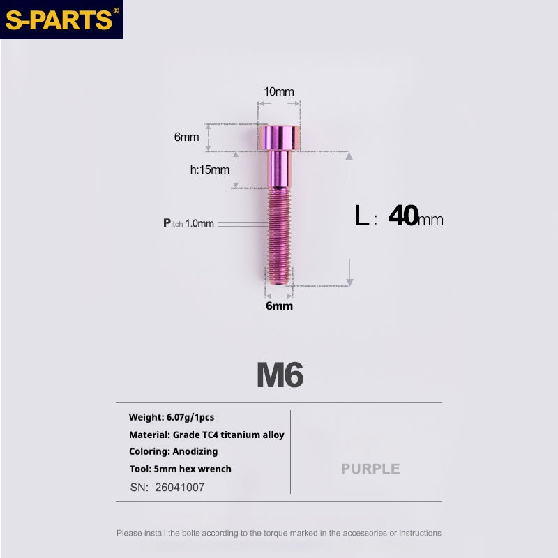 S-PARTS M6x30/40/35/50/60/70 Cubierta de dirección Pinza de freno de disco Tornillo de cabeza de vástago de aleación de titanio