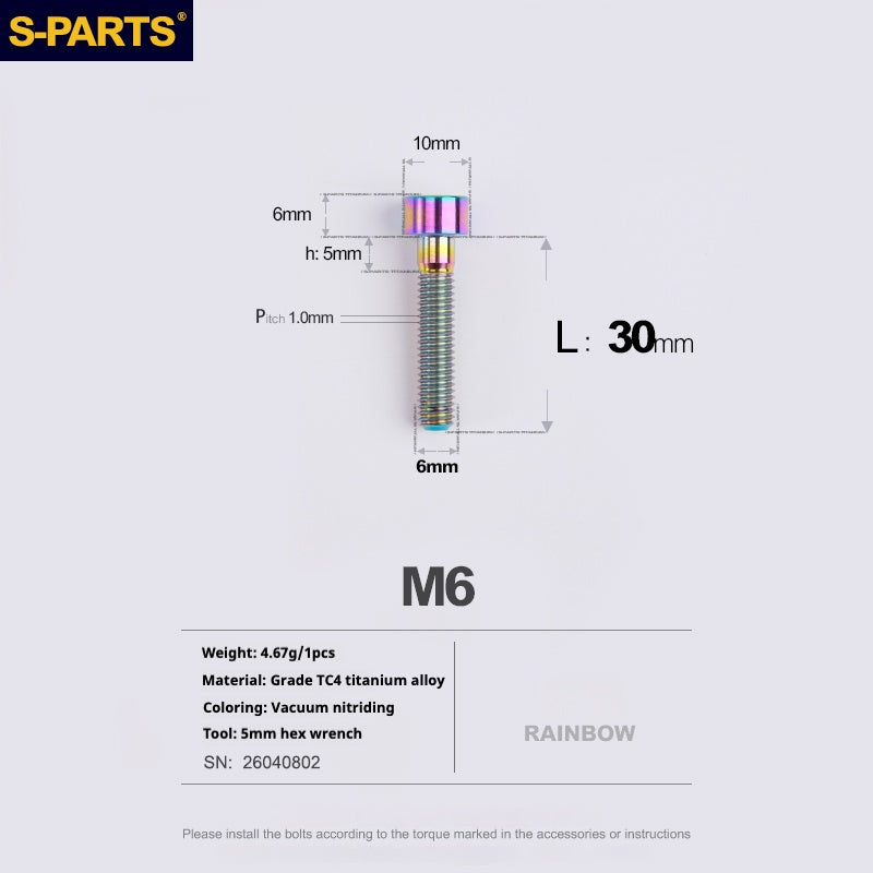 S-PARTS M6x30/40/35/50/60/70 Cubierta de dirección Pinza de freno de disco Tornillo de cabeza de vástago de aleación de titanio