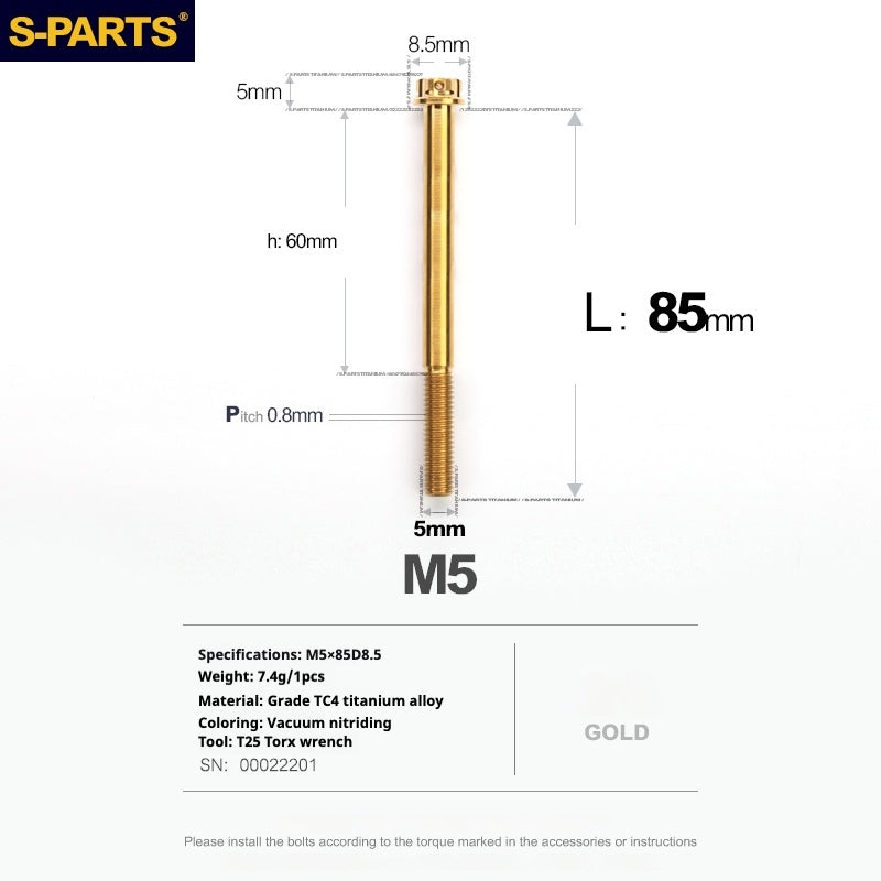 Tornillos de titanio dorados SPARTS Golden A3 Series M5 L06-95 mm para motocicletas y automóviles