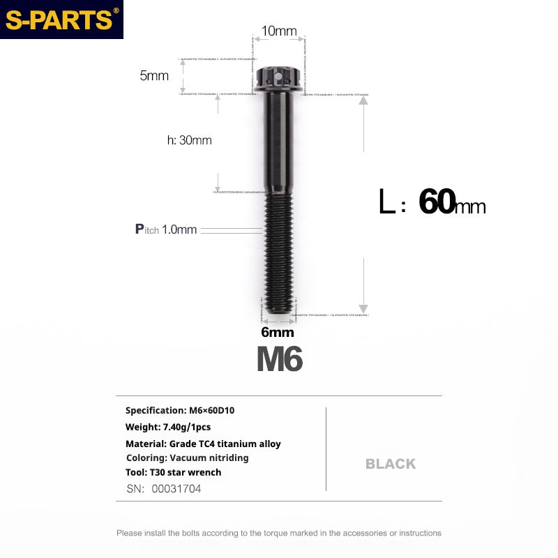 Tornillos de titanio negros SPARTS A3 Series M6 L08-120 mm para motocicletas y automóviles 