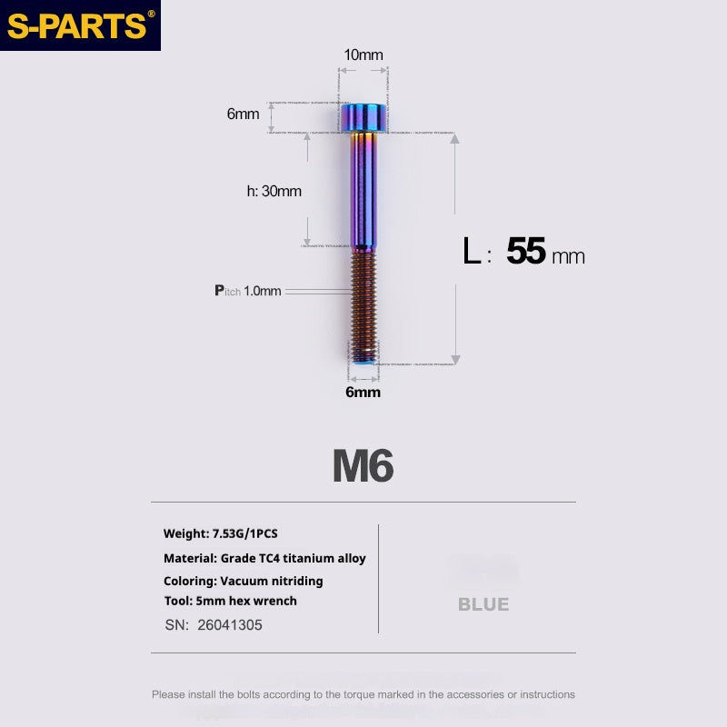 S-PARTS M6x30/40/35/50/60/70 Cubierta de dirección Pinza de freno de disco Tornillo de cabeza de vástago de aleación de titanio