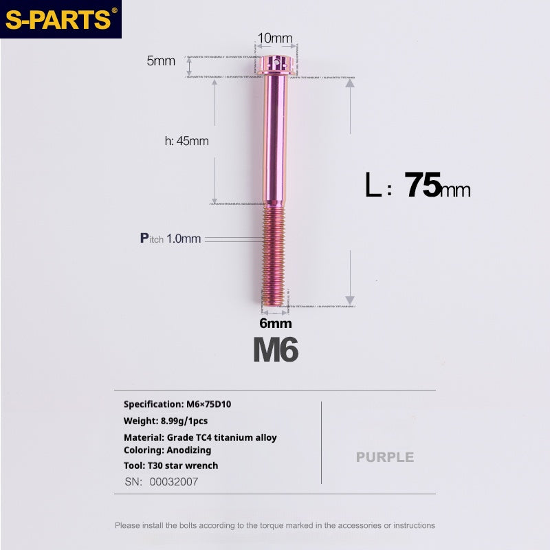 Vis SPART A3 M6 L08-120mm Titane Violet pour Moto et Auto