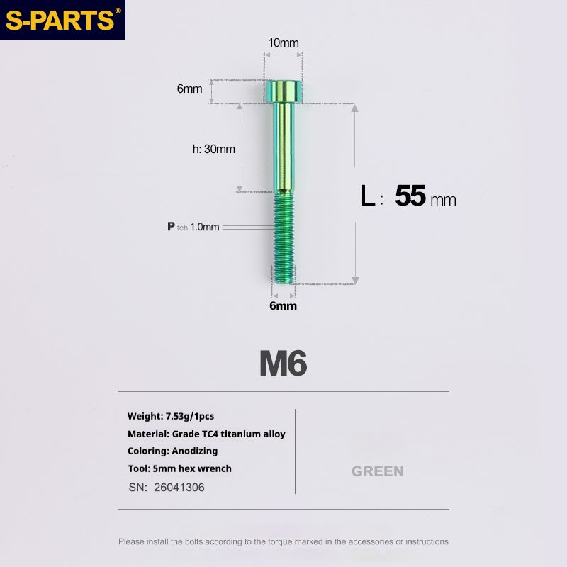 S-PARTS M6x30/40/35/50/60/70 Cubierta de dirección Pinza de freno de disco Tornillo de cabeza de vástago de aleación de titanio