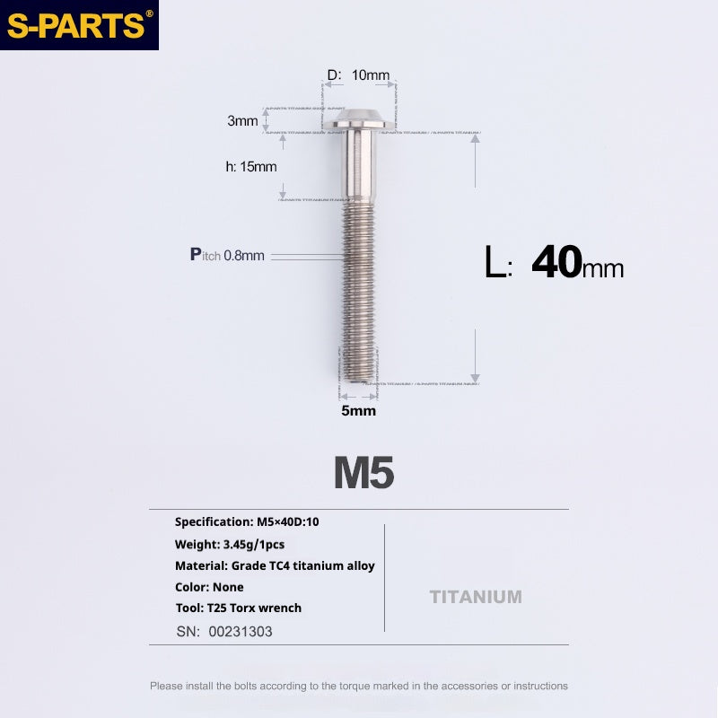 S-PARTS A3 Cabeza de paraguas M5 L06-55 mm D10 Tornillo de titanio para motocicleta y vehículo eléctrico