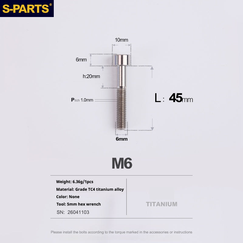 S-PARTS M6x30/40/35/50/60/70 Cubierta de dirección Pinza de freno de disco Tornillo de cabeza de vástago de aleación de titanio