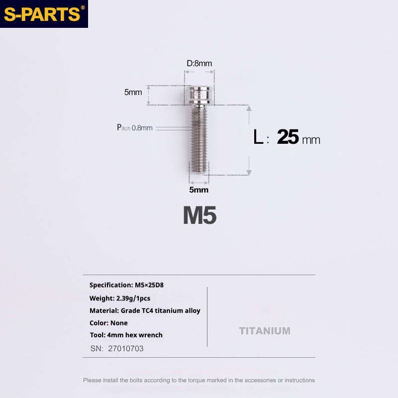 S-PARTS Vis en alliage de titane M5x10-35mm à tête cylindrique, ultra légère