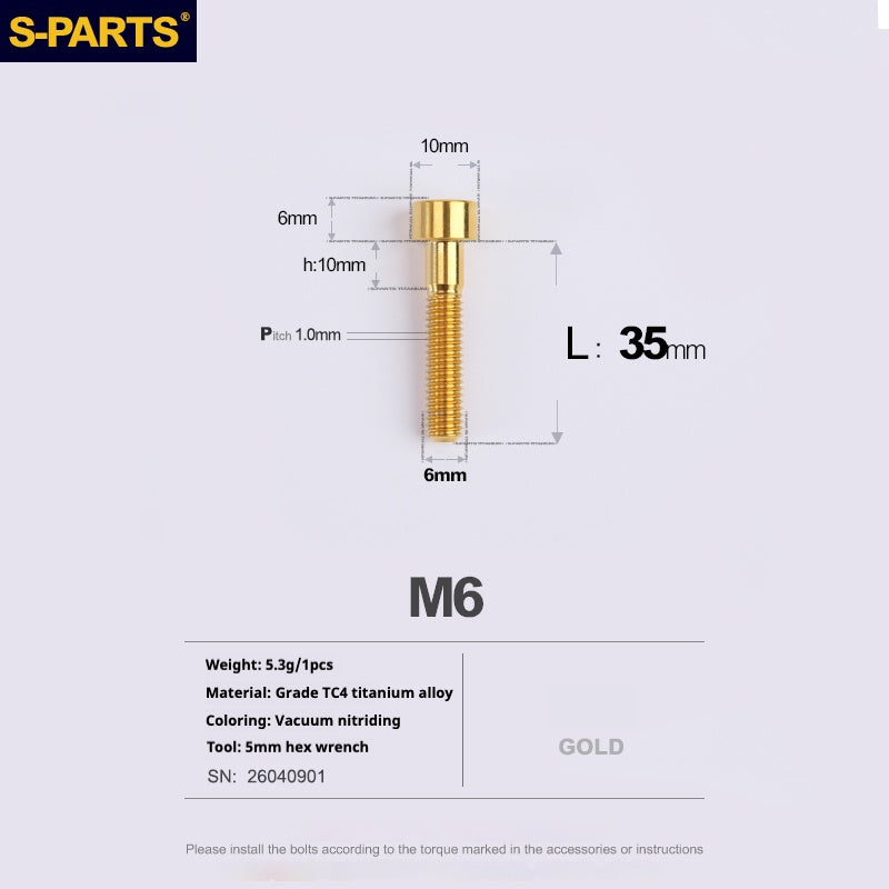 S-PARTS M6x30/40/35/50/60/70 Cubierta de dirección Pinza de freno de disco Tornillo de cabeza de vástago de aleación de titanio