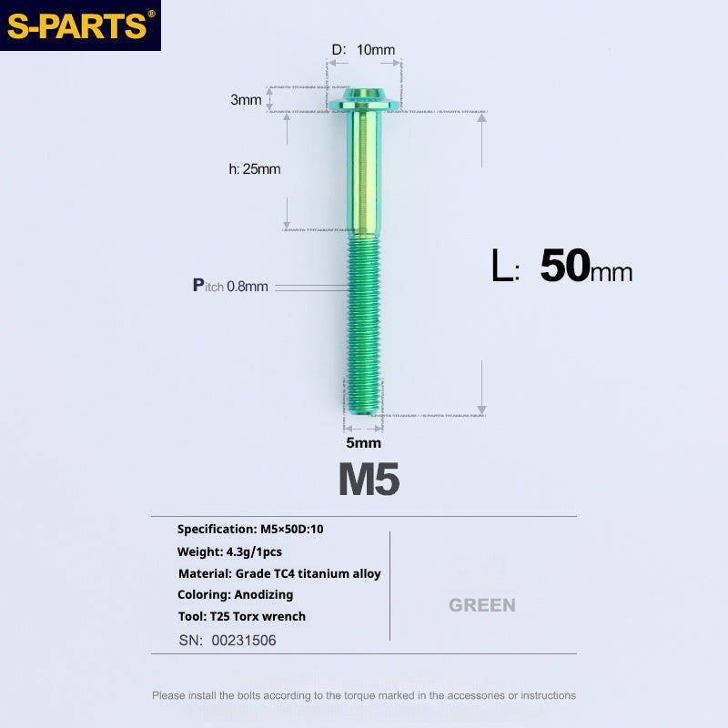 S-PARTS A3 Cabeza de paraguas M5 L06-55 mm D10 Tornillo de titanio para motocicleta y vehículo eléctrico