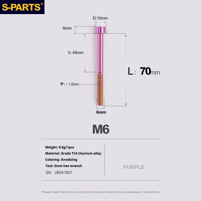 S-PARTS M6x30/40/35/50/60/70 Cubierta de dirección Pinza de freno de disco Tornillo de cabeza de vástago de aleación de titanio