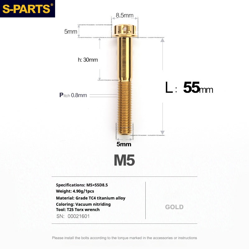 Tornillos de titanio dorados SPARTS Golden A3 Series M5 L06-95 mm para motocicletas y automóviles