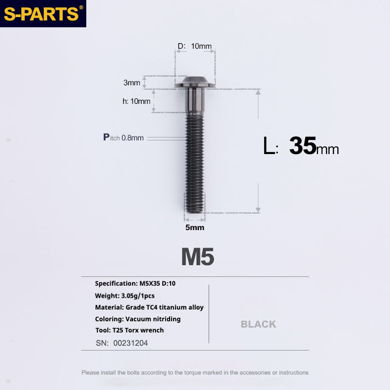 S-PARTS A3 Cabeza de paraguas M5 L06-55 mm D10 Tornillo de titanio para motocicleta y vehículo eléctrico