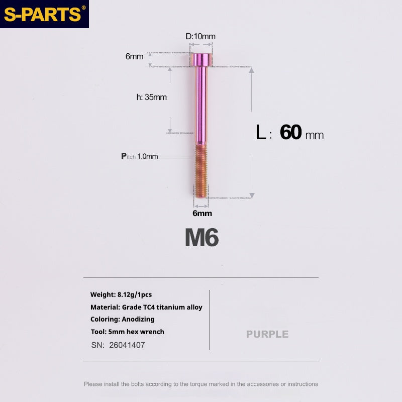 S-PARTS M6x30/40/35/50/60/70 Cubierta de dirección Pinza de freno de disco Tornillo de cabeza de vástago de aleación de titanio