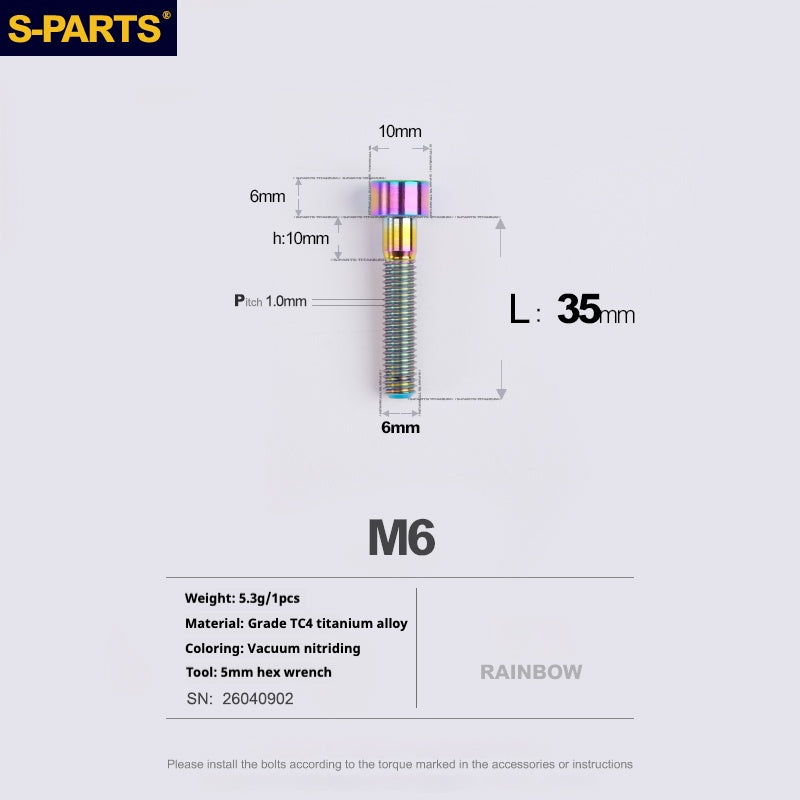 S-PARTS M6x30/40/35/50/60/70 Cubierta de dirección Pinza de freno de disco Tornillo de cabeza de vástago de aleación de titanio