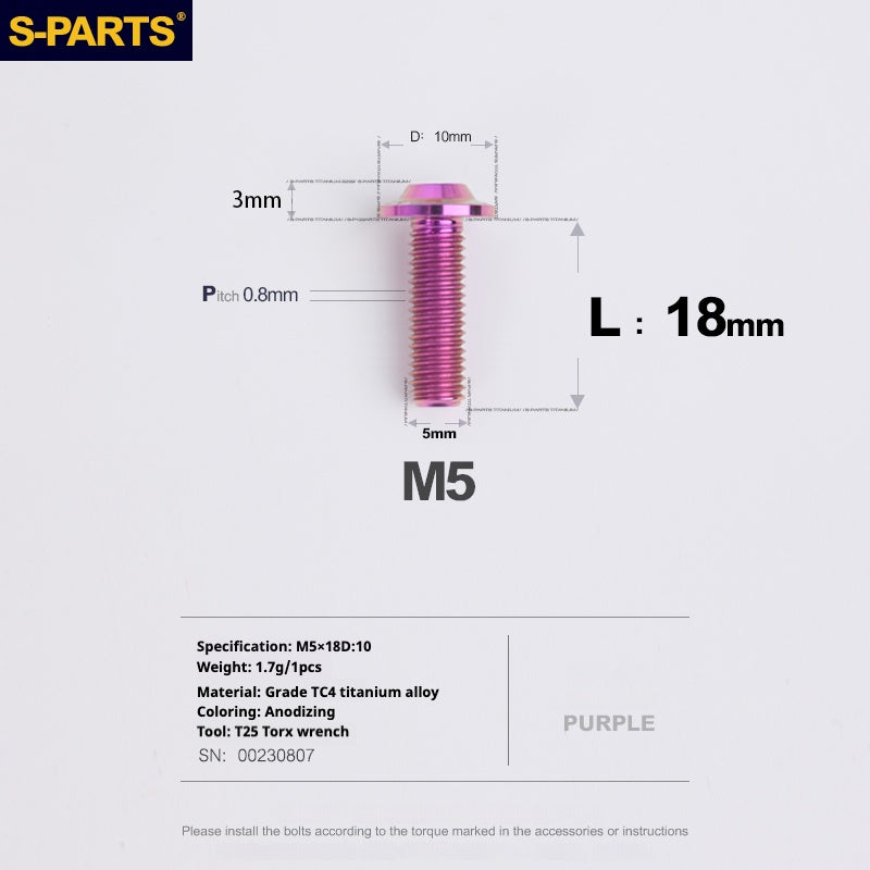 S-PARTS A3 Cabeza de paraguas M5 L06-55 mm D10 Tornillo de titanio para motocicleta y vehículo eléctrico
