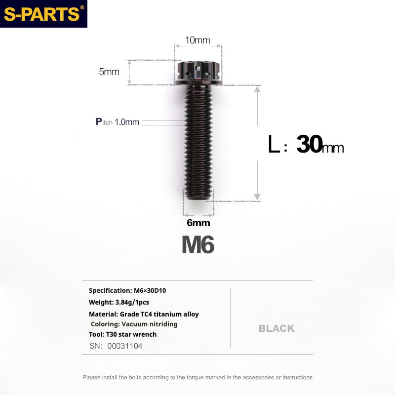 Tornillos de titanio negros SPARTS A3 Series M6 L08-120 mm para motocicletas y automóviles 