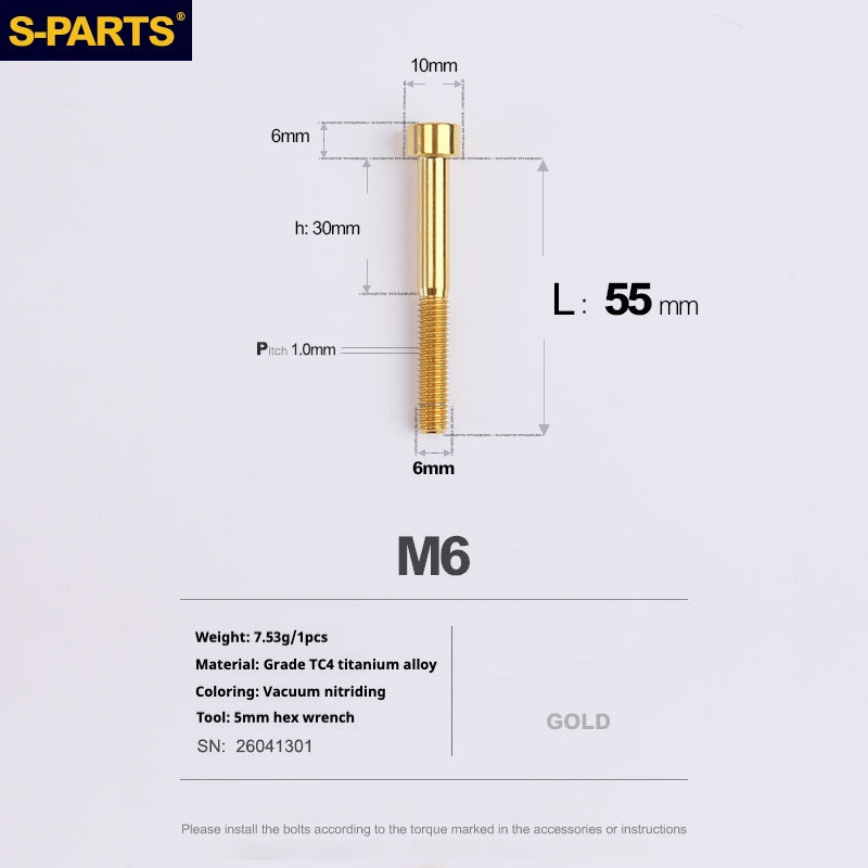 S-PARTS M6x30/40/35/50/60/70 Cubierta de dirección Pinza de freno de disco Tornillo de cabeza de vástago de aleación de titanio
