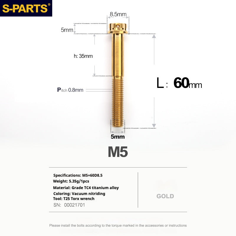 Tornillos de titanio dorados SPARTS Golden A3 Series M5 L06-95 mm para motocicletas y automóviles