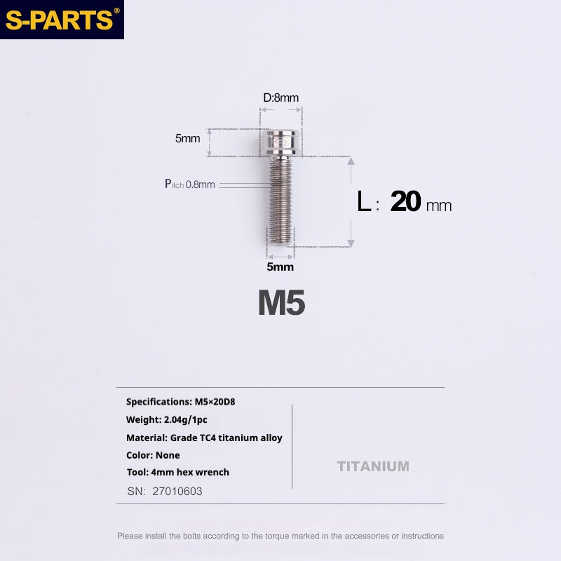 S-PARTS Vis en alliage de titane M5x10-35mm à tête cylindrique, ultra légère