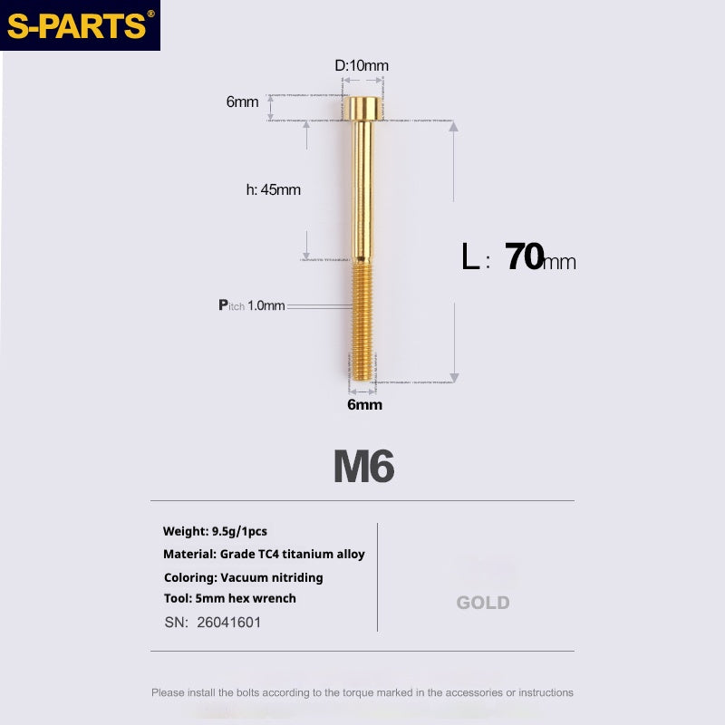 S-PARTS M6x30/40/35/50/60/70 Cubierta de dirección Pinza de freno de disco Tornillo de cabeza de vástago de aleación de titanio