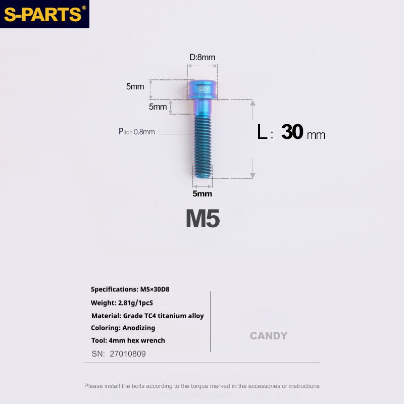 S-PARTS Vis en alliage de titane M5x10-35mm à tête cylindrique, ultra légère