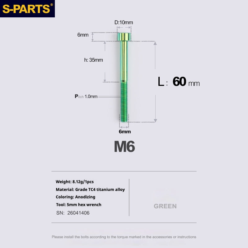 S-PARTS M6x30/40/35/50/60/70 Cubierta de dirección Pinza de freno de disco Tornillo de cabeza de vástago de aleación de titanio