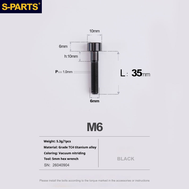 S-PARTS M6x30/40/35/50/60/70 Cubierta de dirección Pinza de freno de disco Tornillo de cabeza de vástago de aleación de titanio
